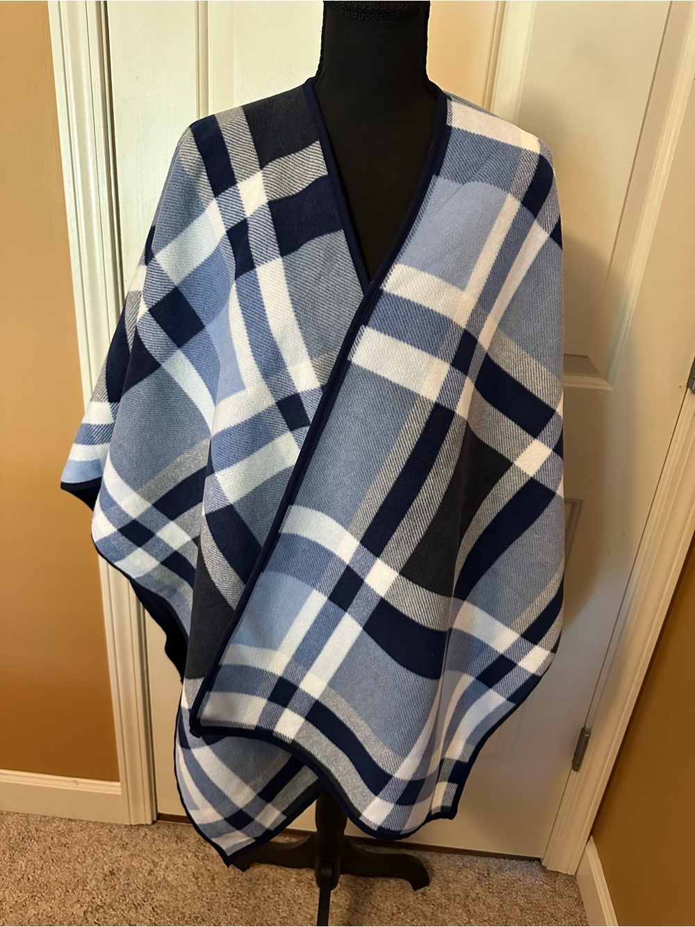 Woolrich Blue and White Plaid Wool Cape